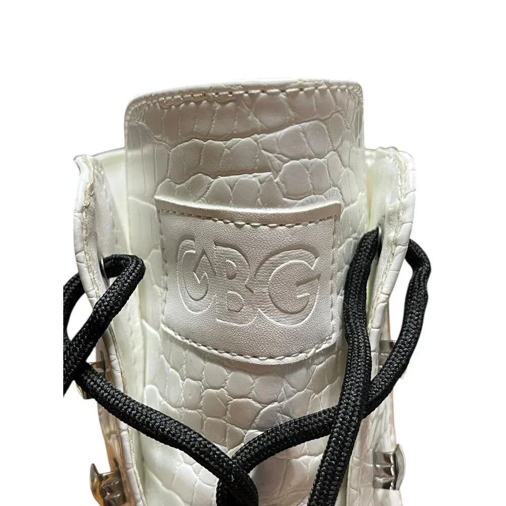 CBG Los Angeles White Croc-Embossed Lace-Up Platform Boots 10M Faux‎ Leather